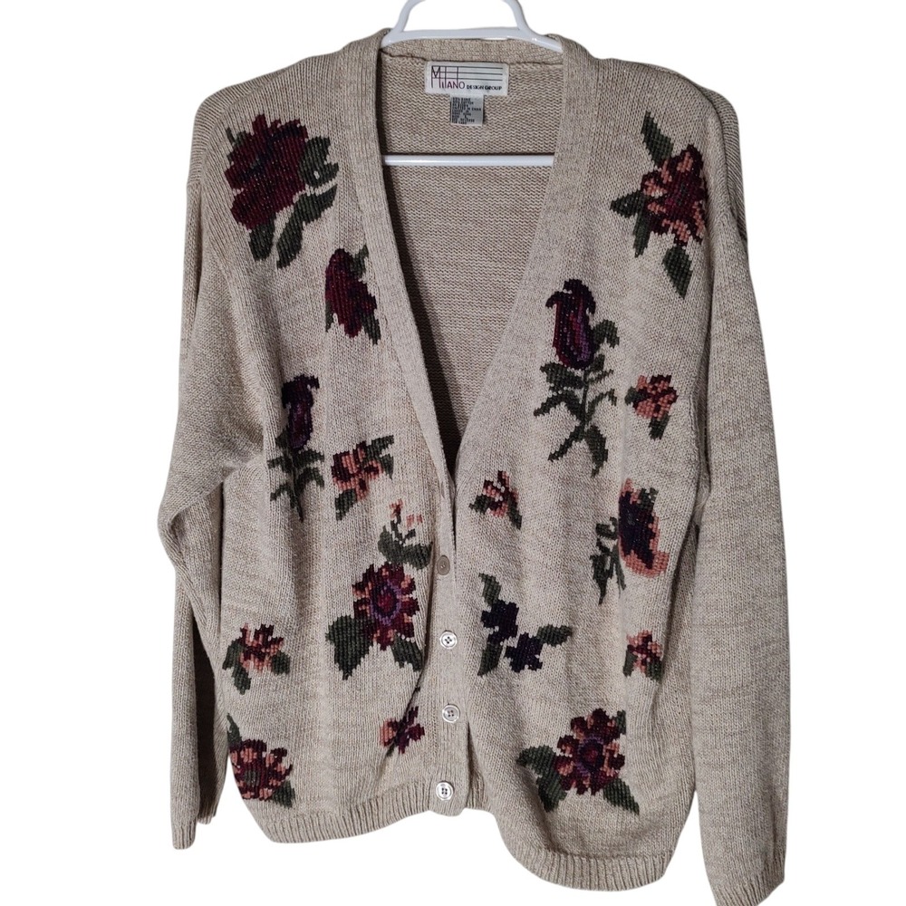 Vintage Milano Design‎ Group Cardigan Beige Embroidered Flowers Womans Large